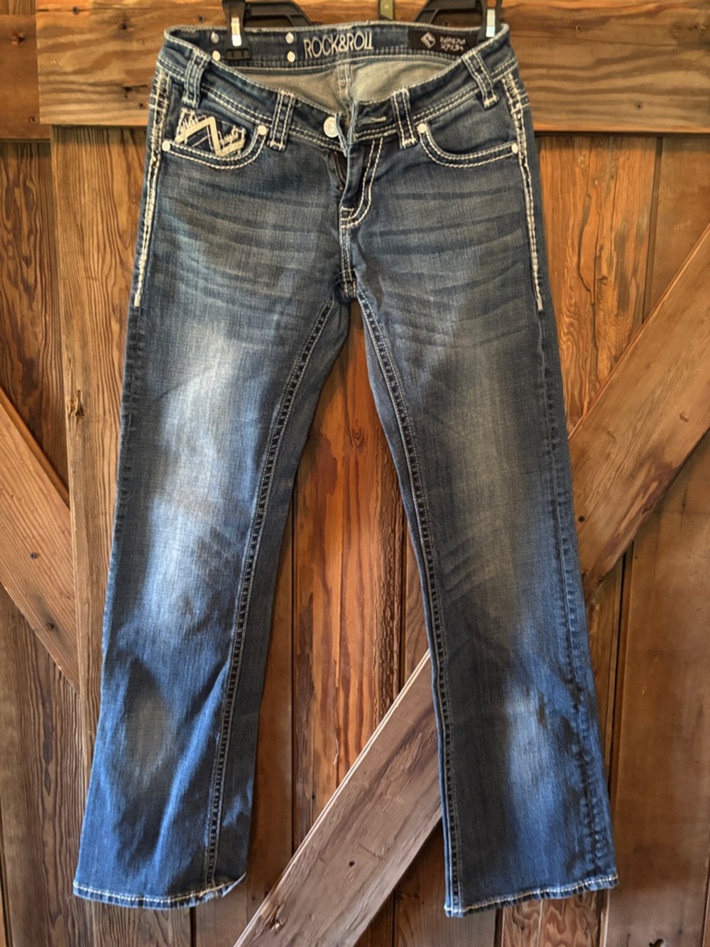 Rock & Roll Cowgirl Faded Blue Bootcut Jeans with Contrast Stitching